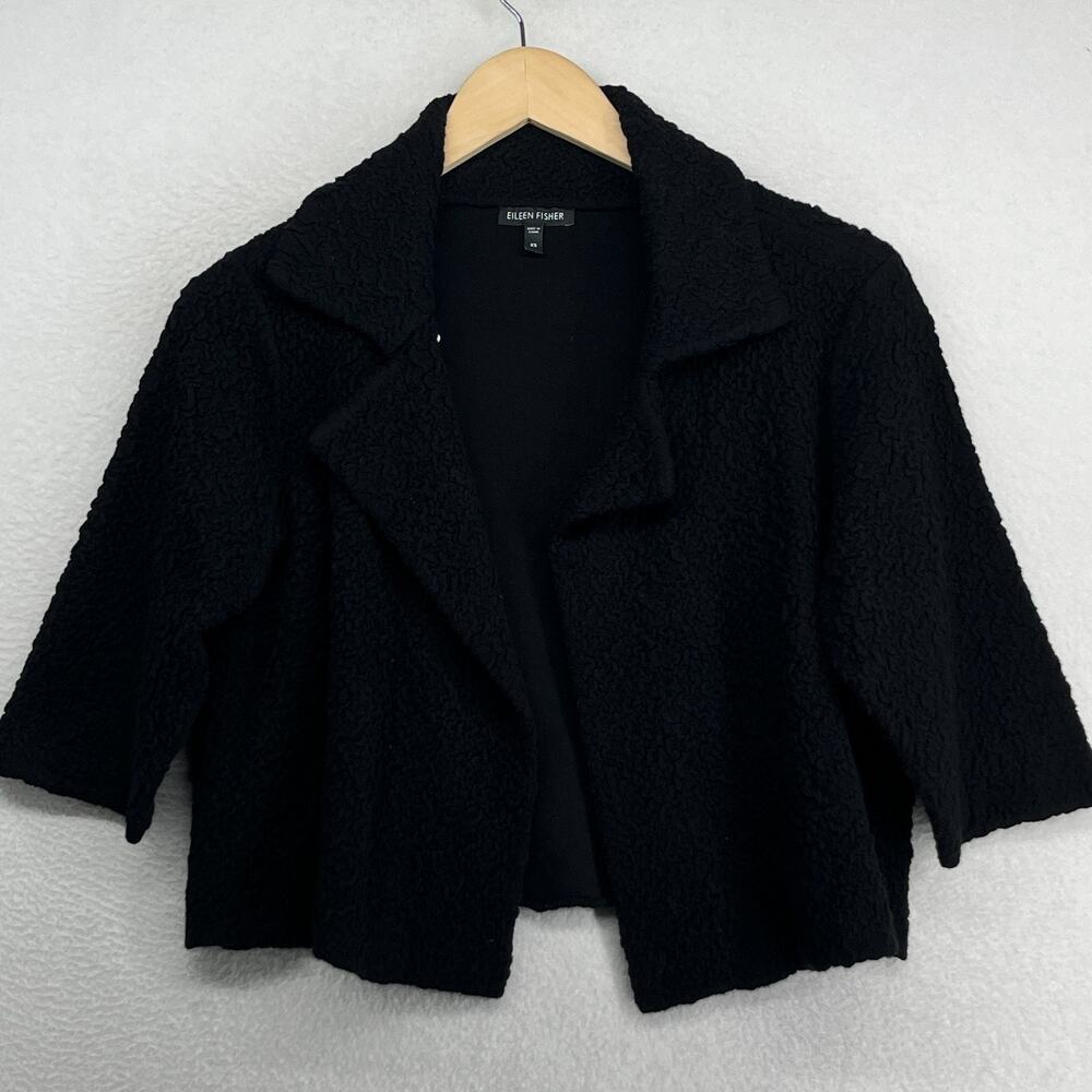 EILEEN FISHER Cardigan XS Cotton Merino Wool Bolero Jacket Sweater Open Black - Picture 3 of 14